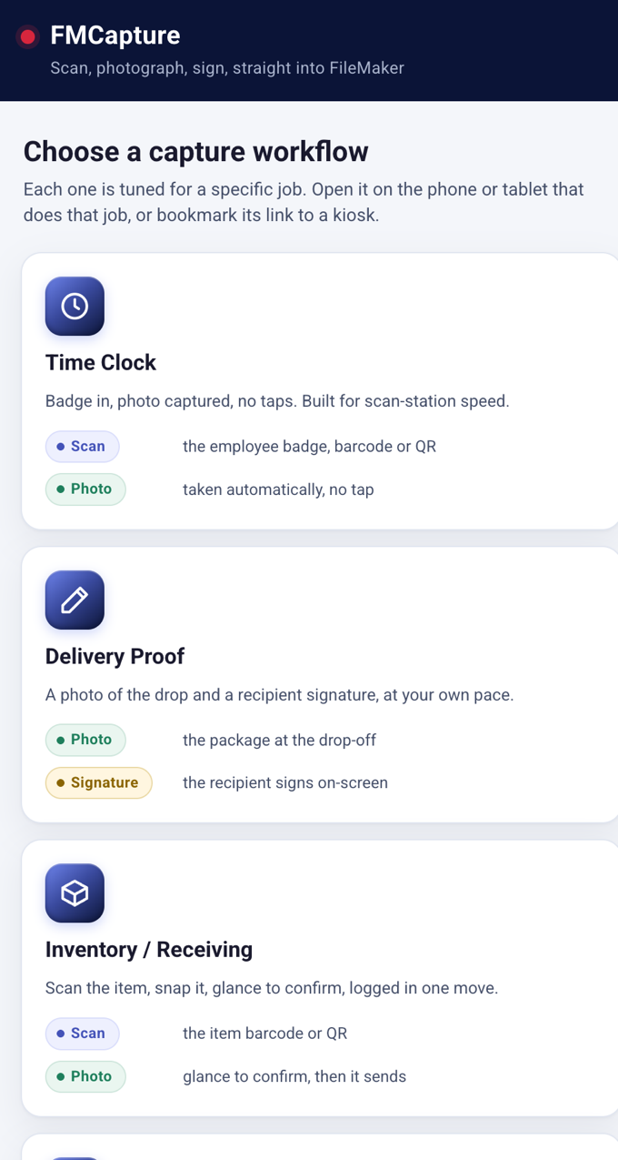 FMCapture on a phone: choose a capture workflow, time clock, delivery, inventory